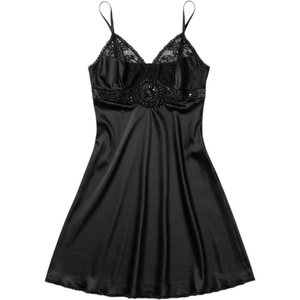 Vintage‎ Black Satin Slip Dress Hand Embellished Beaded Medallion Lace